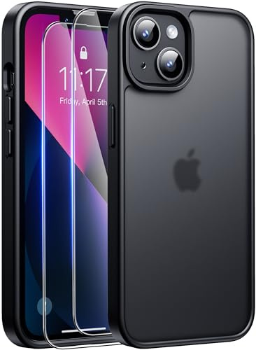 FLLAO Coque pour iPhone 13/iPhone 14,avec 2 Pièces de Verre Trempé,Noir | Renforcement de la protection de la caméra,Militaire Étui Antichoc Antirayures,Housse de Translucide Givrée PC