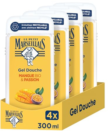 Le Petit Marseillais – Gel Douche Extra Doux Mangue Bio & Passion (flacon de 300ml) – Formule vegan avec 92% d'ingrédients d'origine naturelle – Emballage recyclable, avec plastique recyclé (Lot de 4)