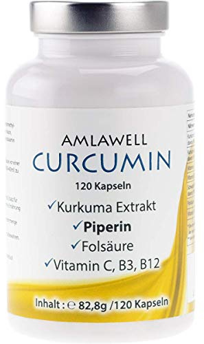 AMLAWELL Curcumin Kapseln – 120 Kapseln Kurkuma mit Piperin, Folsäure, Vitamin B12, Vitamin B3