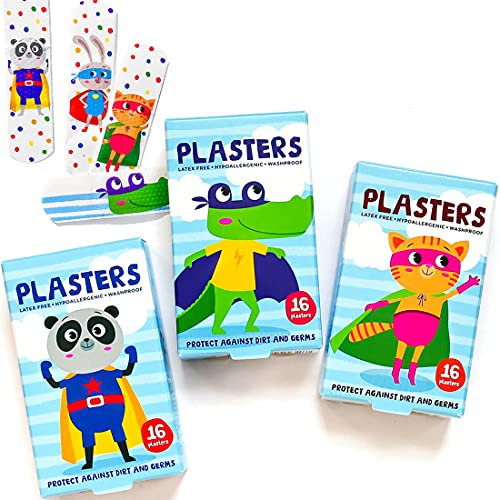 Superhero Plasters for Kids (Latex Free/Hypoallergenic/Washable/Plasters/Assorted Models), 16 Count (Pack of 1)