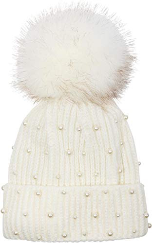 styleBREAKER Damen Strick Bommelmütze mit Perlen und Fleece Futter, warme Winter Fellbommel Mütze, Fake Fur 04024155, Farbe:Weiß