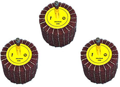 3 Stück Fächerschleifer mit Vlies-Gewebekombination 60mmx50mm, 6mm Einspannschaft, Körnung: 80 - Schleifmopstift, Lamellenschleifer, Schleifmop Schleifvlies, Lamellenrad mit Schaft.