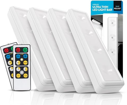 Brilliant Evolution Wireless LED Under Counter Lights with 2 Remote Controls - 4-Pack Battery Operated Under Cabinet Lights Fixtures - Stick On Lights with Timer - 3000K Warm White - 8.5x2x1-Inch