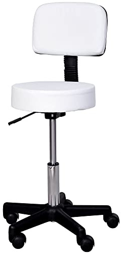HOMCOM Sgabello Girevole con Schienale, Altezza Regolabile e 5 Ruote in pelle PU Bianca per Casa o Negozio