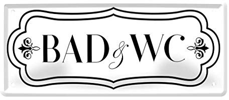 helges-shop Blechschild Bad & WC - Retro Toilettenschild Gästetoilette Hinweisschild Schild Toilette WC Klo Restaurant Bad Badezimmer Hotel Pension - Türschild inkl. Befestigungsset - 28x12cm