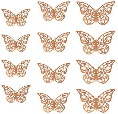 Oblique Unique® 3D Schmetterlinge 12er Set Glänzend Dekoration inkl. Klebepunkte Wandtattoo Wandsticker Wanddeko in Gold oder Silber - Farbe Wählbar (Roségold)