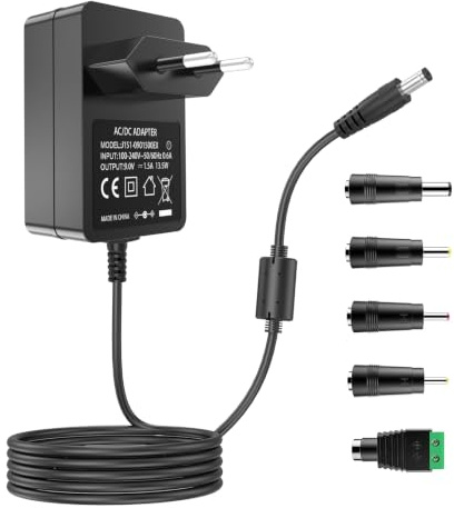 TKDY 9V 1.5A Adaptateur d'alimentation Center Positive | AC 100V-240V à DC 9V 1.5A Chargeur Mural avec 5 connecteurs DC PCS pour Arduino UNO R3, Schwinn Bike A10