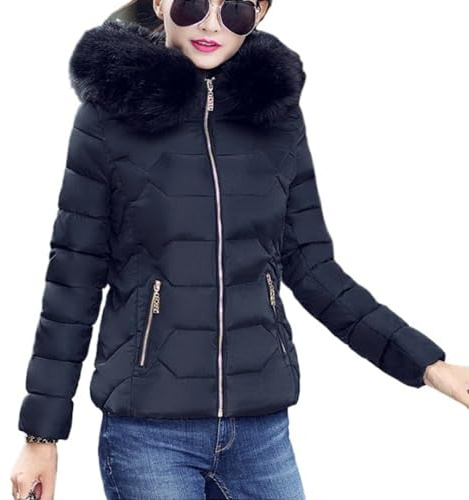 Women's Warm Winter Coat Outerwear Short Winter Full Zip Thicken Puffer Jacket Quilted Parka with Faux Fur Collar