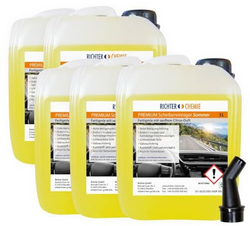 Richter Chemie Scheibenreiniger Sommer Scheibenwischwasser mit Ausgießer für klare Sicht im Auto - Wischwasser Auto - 5 x 5 Liter