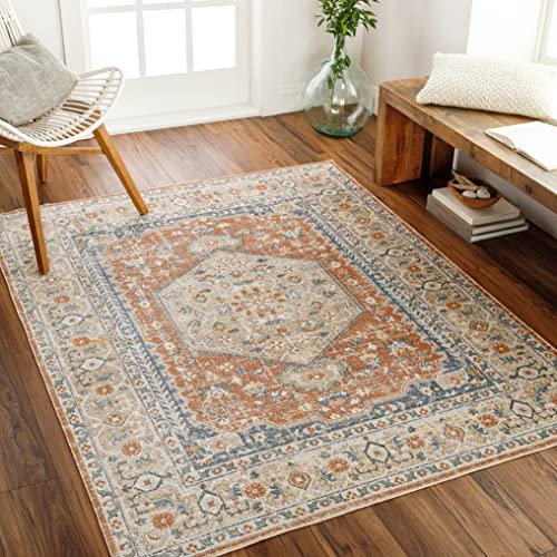 Livabliss Dukan Alfombra Salon Grande Tradicional Bohemia Habitacion Cocina - Alfombras Lavable Lavadora de Tejido Plano Grande, 160x213cm, Color Naranja Oscuro, Crema y Azul