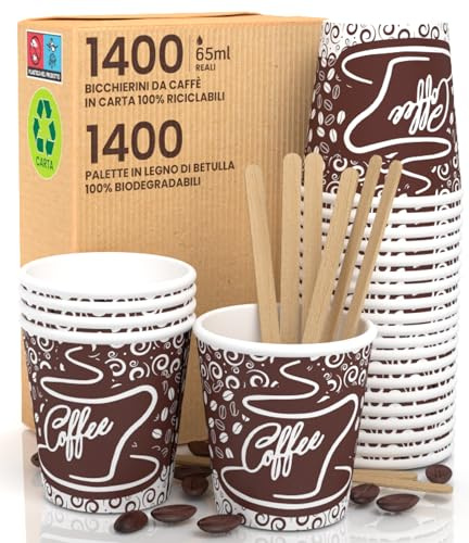 1400 Bicchierini in Carta per caffè 65ml Bicchieri Ecologici Biodegradabili Monouso Piccoli Asporto Bevande Calde + 1400 Palettine in legno di Betulla