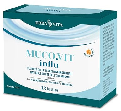 ERBA VITA Muco.vit Influ integratore alimentare in pratiche bustine solubili a base di N-Acetilcisteina e Bromelina da Ananas, specialmente indicato nel periodo invernale - 12 bustine