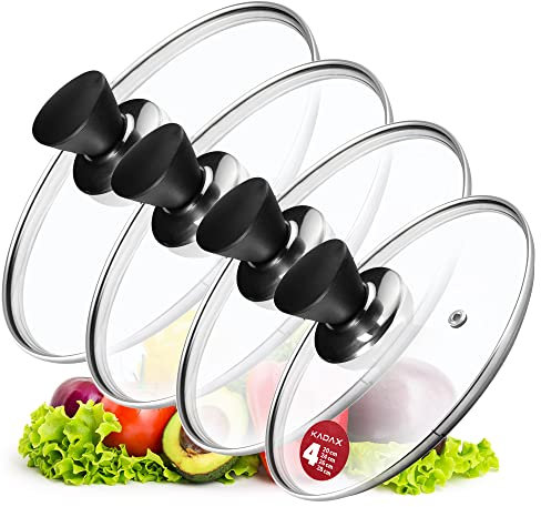 KADAX Set di coperchi universali in vetro con maniglia, set di coperchi resistenti al calore in diverse misure, coperchio in vetro per pentola, padella (20 + 24 + 26 + 28 cm, manico nero opaco)