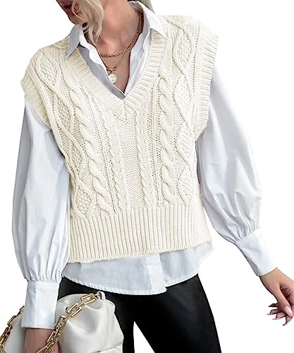 Tongmingyun Pull sans manches pour femme - Col en V - Tricot basique - Couleur unie - Pour le travail et les loisirs, Blanc., XL