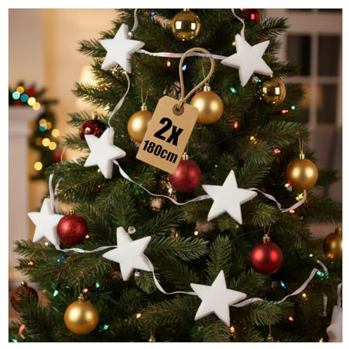 com-four® 2X Sternen-Dekogirlande mit Glöckchen, winterlicher Wandbehang | Deko-Band mit Sternchen - Christbaumschmuck - Hängedeko für Weihnachten