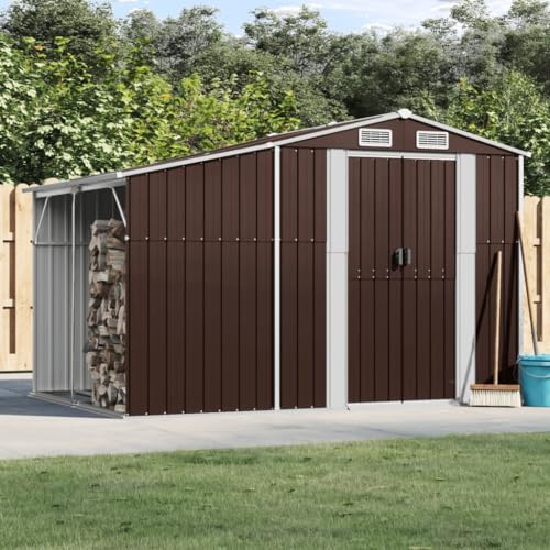 Gecheer Capanno,Casetta,da Giardino,per Esterno,con Portalegna,con Porte,in Acciaio Zincato,Marrone,277x192,5x179 cm,Capanno Casetta Attrezzi da Giardino Acciaio,Capanno Casetta Utensili in Metallo