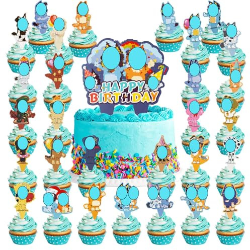 30 Pcs Blue Dog Cake Toppers for Boys Girls, Cake Decorations Cupcake Toppers, Birthday Party Supplies