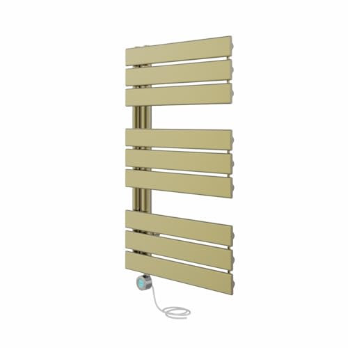 NRG Prefilled Designer Electric Heated Towel Rail Radiator Brushed Brass Thermostatic Bathroom Warmer with LCD Display 824x500mm - 400 Watt