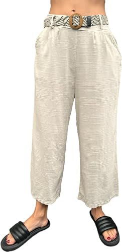 FASHION YOU WANT Damen 3/4 Culotte Hose leicht Sommerhose aus Baumwolle mit Taschen und mit Flecht-Gürtel (DE/NL/SE/PL, Alphanumerisch, Einheitsgröße, Regular, Regular, beige)