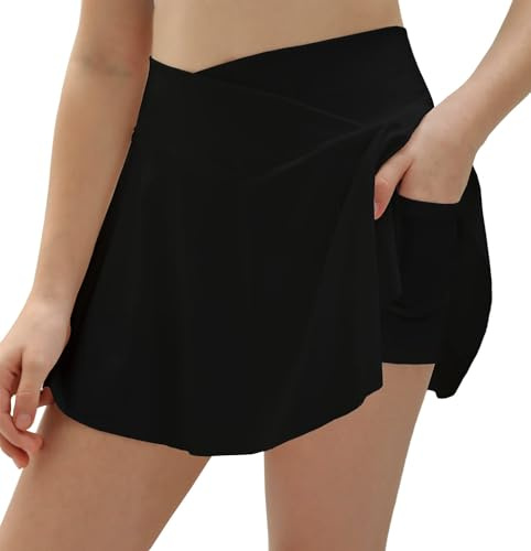 Haloumoning tenniskjol, flickkjol med byxor undertill, crossover, hög midja, golf skorts, sportkjol för barn, sommar, A-linje, kort byxkjol, breezeful veckade kjolar, svart, 8-9 år