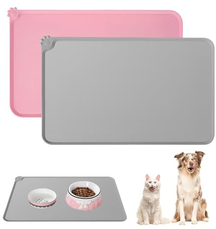 2-teiliges Set Napfunterlage Hund Katzen, Silikon Wasserdicht rutschfeste Futternäpfe Wassernapf Hundenapf Matte für Hund und Katze, 48x30cm Schwarz&Grau (Rosa + Grau, 48 * 30cm)