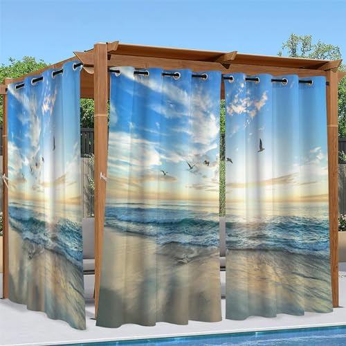Linfye Outdoor Vorhang Wetterfest 2 Stück B132xH190cm Wasserdicht Meerblick | 3D Maritimes Design, Outdoor Vorhänge Gardinen mit Ösen als Sichtschutz für Balkon, Pergola, Terrasse, Veranda & Garten