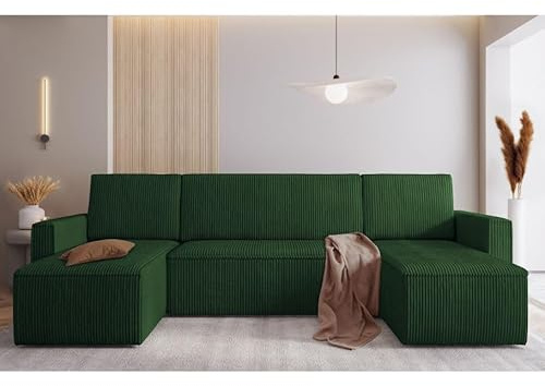 Easy4You Grün Ecksofa Mimir Kord in U-Form 303 x 80 x 145 cm mit Schlaffunktion und Bettzeugbehälter - Schlafsofa mit Bettkasten - Eckcouch mit Stauraum - Stoff: POSO 14