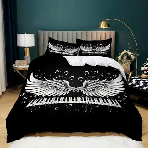 Musik Flügel Klavier Bettwäsche Set 3 Teilig 155 x 220 cm, Schwarz Microfaser Weich Bettbezug Set mit 2 Kissenbezug für Mädchen Jungen Erwachsene Schlafzimmer Dekor