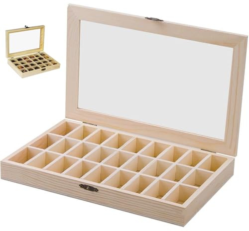 Rock Display Box, Wooden Specimen Box With Transparent Lid, For Mineral, Rock , Crystal, Gemstone And Jewellery Collections, Display Case Display Organizer, 27 Compartments (2.5 x 5.2 x 2.2cm Inside)