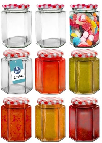Eidoct 9 Pack 280ml Glass Hexagonal Jam Jar with Red Gingham Lid, Reusable Clear Food Storage Jars for Homemade Kitchen Spices,Food,Jam,Fruit,Salad,Yogurt,Sweets,Honey,Chilli Sauce