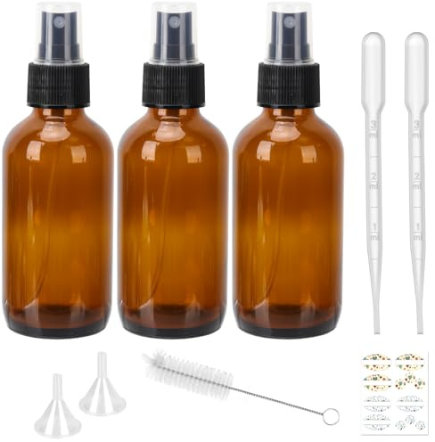 Betrome 120 ml bärnstensglassprayflaskor, 3-pack 113 ml flaskor med fin sprayer och dammlock för eteriska oljor, rengöringslösningar växter hår
