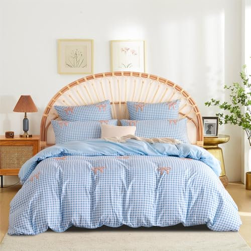 Freyamy Tuftée Housse de Couette 220x240cm à Carreaux Bleu Broderie Parure de Lit 2 Personnes Adulte Ado Filles Shabby Chic Linge de lit avec Fermeture Éclair et 2 Taies d'oreiller 65x65cm