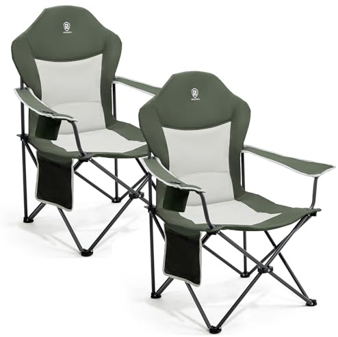 EVER ADVANCED Camping Chairs for Adults Set of 2 Supports 160kg Heavy People Folding Chair Luxury Outdoor with High Back & Cup Holder & Side Pockets Fold Up Chair Padded Green