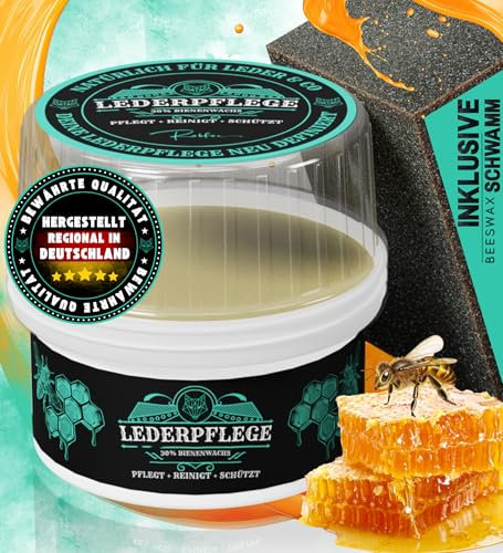 Robfox Lederpflege | Natürliches Lederfett mit 30% Bienenwachs | 250 ml Lederreiniger inkl. Schwamm zur Reinigung von Schuhe, Sitze, Kleidung | Ideal als Schuhcreme o. Schuhreiniger | Premium Balsam