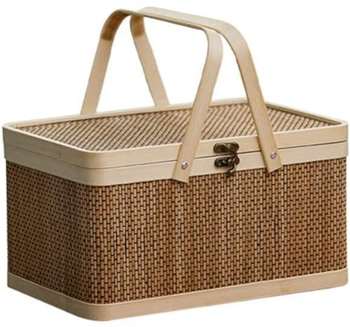 Cestino da picnic in bambù fatto a mano con coperchio, ecologico, cestino intrecciato per snack e pane