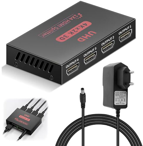 4K Splitter HDMI 1 In 4 Out, Sdoppiatore HDMI 1x4, Switch Duplicatore, Distributore Audio Video Supporta 3D, HDCP, 4K@30Hz, Trasmissione Lunga, per TV, PS4, Xbox, Blu-Ray, Proiettore e Monitor