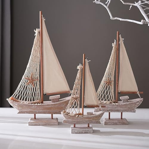 JYBBST 3 Stück Holz Maritime Boot Deko Maritime Deko Segelboot Aus Holz Segelschiff Modell Muschel Nautische Perfekt Segelschiff Modell Für Büro Nautisches Holzboot