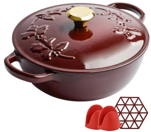Horno holandés de hierro fundido esmaltado de 3 cuartos con tapa en relieve, olla antiadherente para estufa de fuego abierto y camping, color marrón