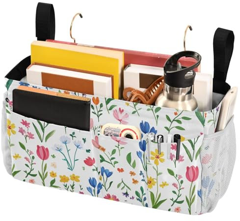 FRODOTGV Nachttisch-Aufbewahrungstasche mit Blumenmuster, Rittersporn, Iris, weiß, zum Aufhängen, Bett-Organizer, Aufbewahrungstasche für Fernbedienungen, Handy, Studentenwohnheim, Camp