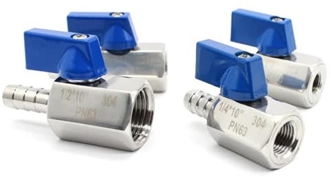 Female Blue MINI Ball Valve SS304 1/8-1/4-3/8-1/2-3/4 to 7mm-8mm-10mm-12mm-14mm-16mm-18-20mm Pagoda Adapter 2 Way Ball Valve BSPT(1I4inchX8mm 93g)