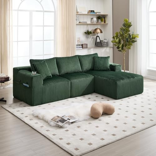 EURHCIO Canapé d'angle Modulable,Canapé 3 Places en Velours Côtelé,avec 5 Coussins,Poches Latérales et Porte-Gobelets,pour Salon,Appartement,Bureau (Vert)