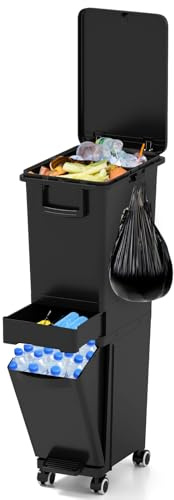 GOPLUS Mülleimer 3 Fächer, 32L Abfalleimer Küche mit Rollen, Mülltrennsystem mit Kippbehälter, Deckel, Schublade & Aufkleber, 3 in 1 Tretmülleimer, Küchenabfalleimer für Küche & Wohnzimmer, Schwarz