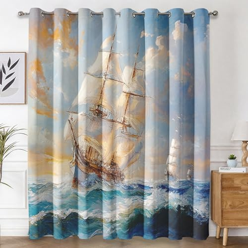 Genérico Cortinas Salon Barco Pirata, Cortinas Dormitorio Pintura al Óleo Náutico Decoracion Habitacion Ventana, Termicas Aislantes, con Anillas, 110x220 2 Piezas (An X Al) L-C&22