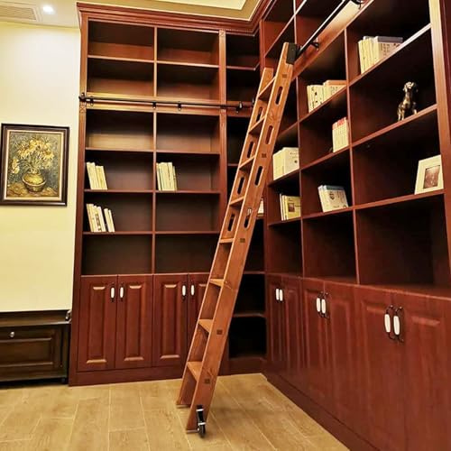 Schwarze Holzleiter, Roll-Hardware – Schiebe-Bibliotheksschienensystem mit Bodenrollen und Bremse – mobile Büro-Loft-Leiterschiene – 500 cm lang