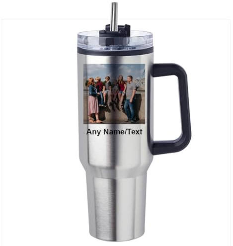 Giftme Personalised 40oz Travel Tumbler with Handle & Straw | Custom Name/Text with Your Own Photo | Stainless Steel Large Cup | Travel Water Bottle | Car Coffee Mug. (Silver)