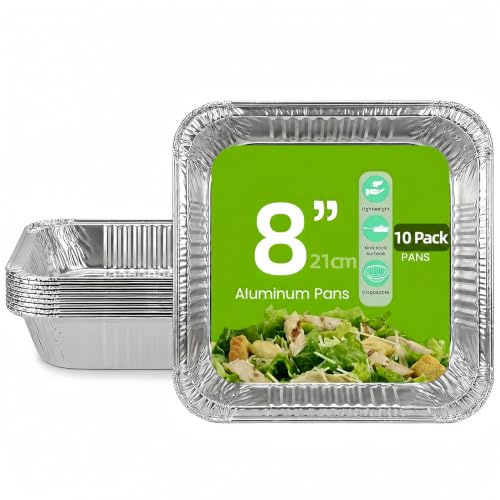 GilesEdward 10 Pack 8 Inch Square Aluminium Foil Containers - 21cm Disposable Tin Foil Trays for Baking, Roasting & Cooking - Air Fryer, Oven & Freezer Safe - Reusable Pie Dishes, Quiche & Flan Cases