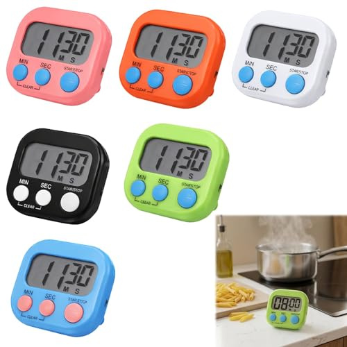 Menibeuty 6 Stück Eieruhr Digital, Küchentimer Digital Magnetisch Stoppuhr Timer mit Klappbarem Ständer und Großem Display, klein Stoppuhr für Kochen Training Unterricht und Zeitmanagement