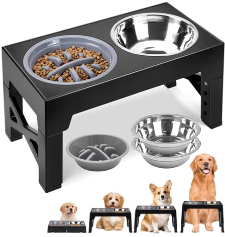 Raised Dog Bowl - Elevated Dog Bowl Feeder Stainless Steel 4 Heights Adjustable with 2 Stainless Steel Dishes 1 Slow Feeder Bowl No Spill Dog Food Stand Feeding Station for Small Medium Large Dogs