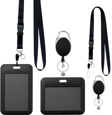 2pcs Negro Portadocumentos con Llavero Extensible Retráctil, Porta Tarjetas Identificativas Transparente, Portatarjetas Colgante con Clip y Mosquetón, Tarjetero Colgante para Oficina Hospital