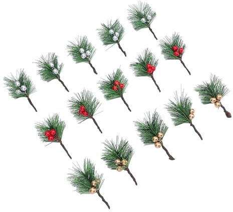Annadue Agujas de Pino Artificiales de Bayas de Acebo de Navidad, 15 Piezas de Púas de Bayas Rojas, Plateadas y Doradas para Decoración Navideña, Ramas de Pino Festivas para Centro de Mesa de de